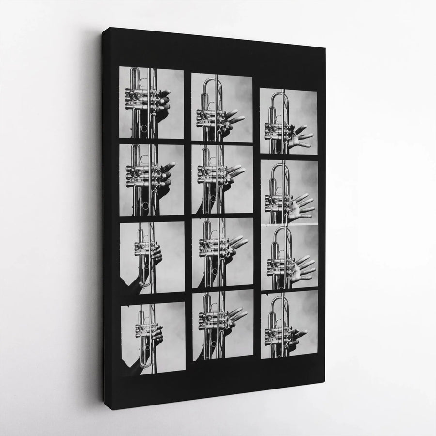 Trumpet Player Hands Canvas Art | Black and White Music Photography Grid | Gallery-Quality 1.25" Profile | Musician Gift for Studio Decor