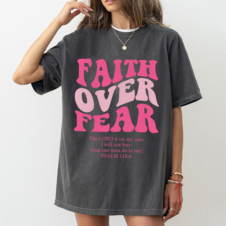 Faith Over Fear T-Shirt | Retro Groovy Christian Bible Verse Graphic | Premium 100% Cotton Tee | Inspirational Religious Gift for Women and Men