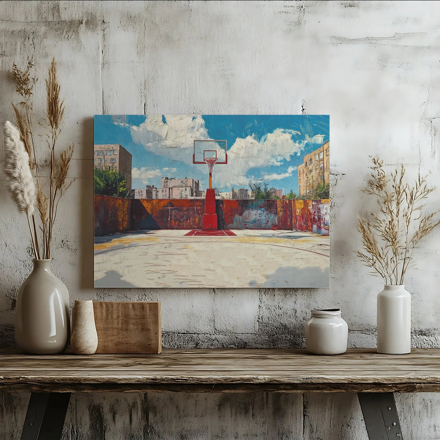 Urban Basketball Court Canvas Wall Art | Textured Painterly Streetball Scene | Premium Gallery Wrapped Print | Gift for Fan, Man Cave Decor