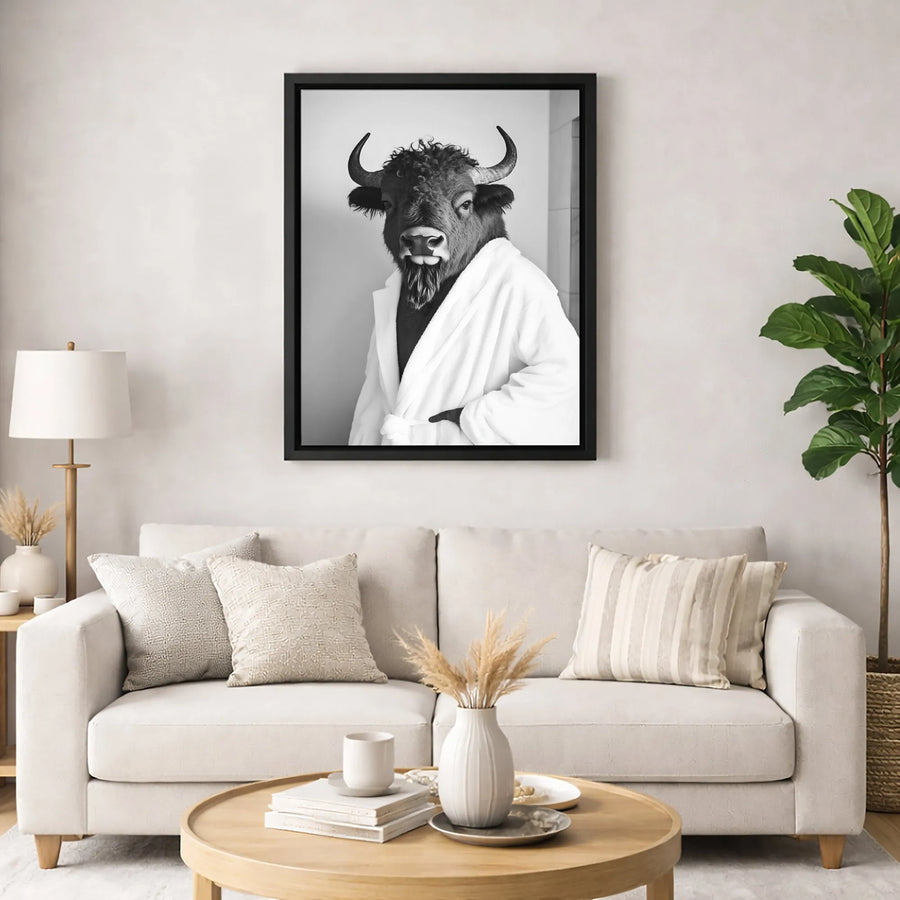 Bison in Bathrobe Canvas Print | Funny Animal Bathroom Wall Art | Premium Gallery-Wrapped Portrait | Humorous Farmhouse Home Decor
