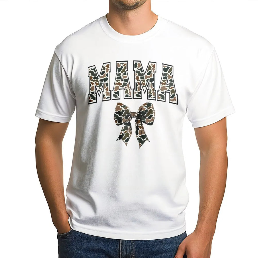 Camo Mama T-Shirt | Coquette Bow Camouflage Graphic | Premium Cotton Blend | Mother's Day Gift for Mom