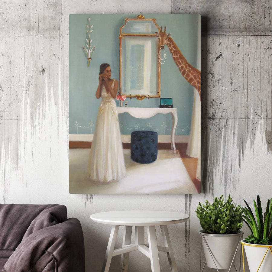 Whimsical Giraffe Canvas Wall Art | Surreal Woman Getting Ready Painting | Premium Gallery Wrapped Print | Eclectic Home Decor Gift