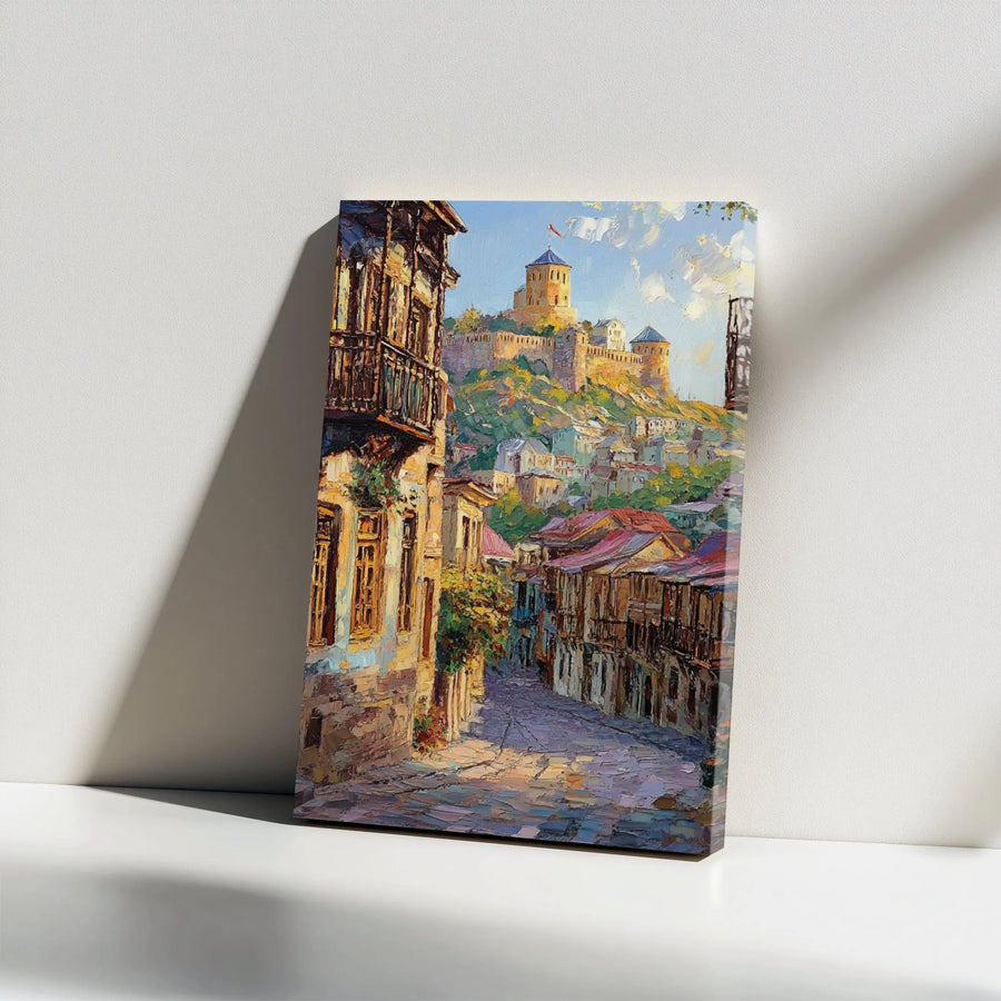 Old Town Streetscape Vertical Canvas | Impressionist Village Painting with Castle | Premium Quality Print | Living Room Wall Art & Home Decor Gift