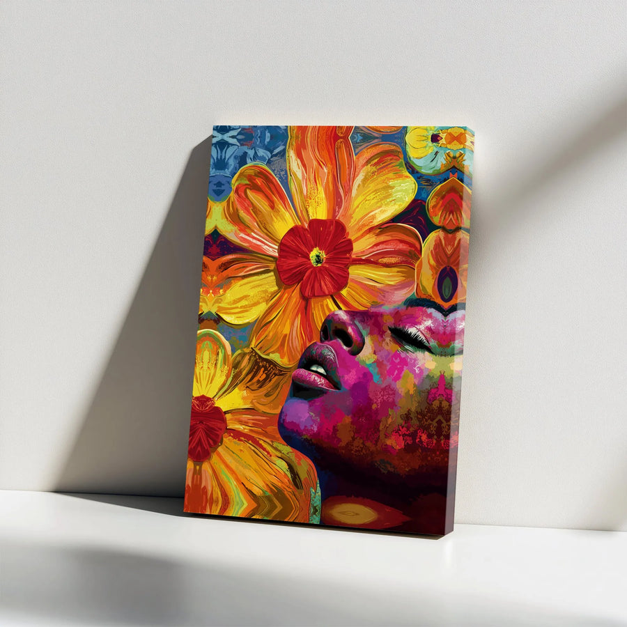 Abstract Black Woman Canvas Print | Vibrant Floral Portrait Art | Premium Gallery Wrapped Canvas | Modern Afrocentric Home Decor Gift for Her