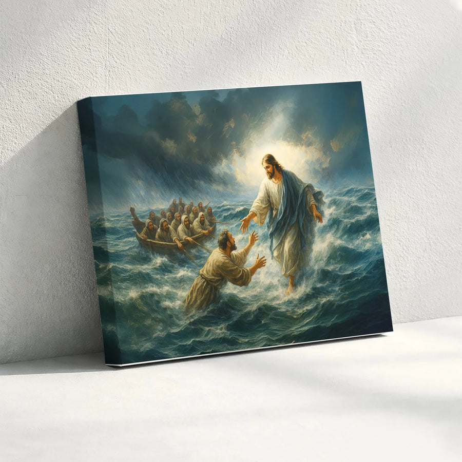 Jesus Walking on Water Canvas Print | Jesus Saving Peter in Stormy Sea | Premium Christian Wall Art | Inspirational Faith Home Decor Gift