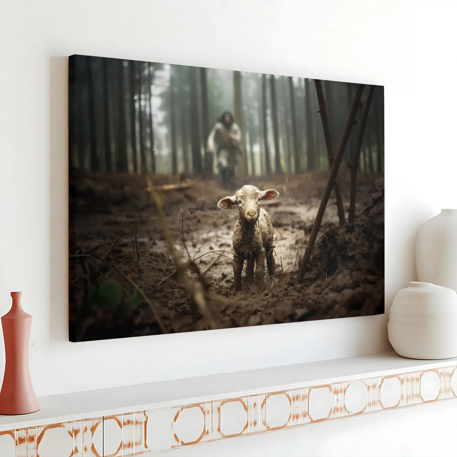 The Lost Sheep Canvas Art | Jesus Shepherd Finding A Lamb In Forest | Premium Gallery Wrap Decor | Religious Christian Gift For Home