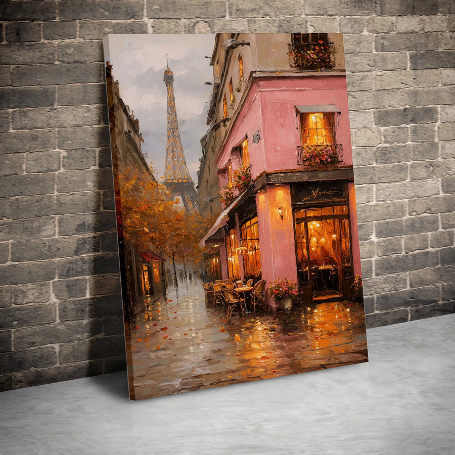 Paris Eiffel Tower Canvas Wall Art | Rainy Street Pink Cafe Painting | Premium Gallery Wrap Print | Romantic Travel Home Decor Gift
