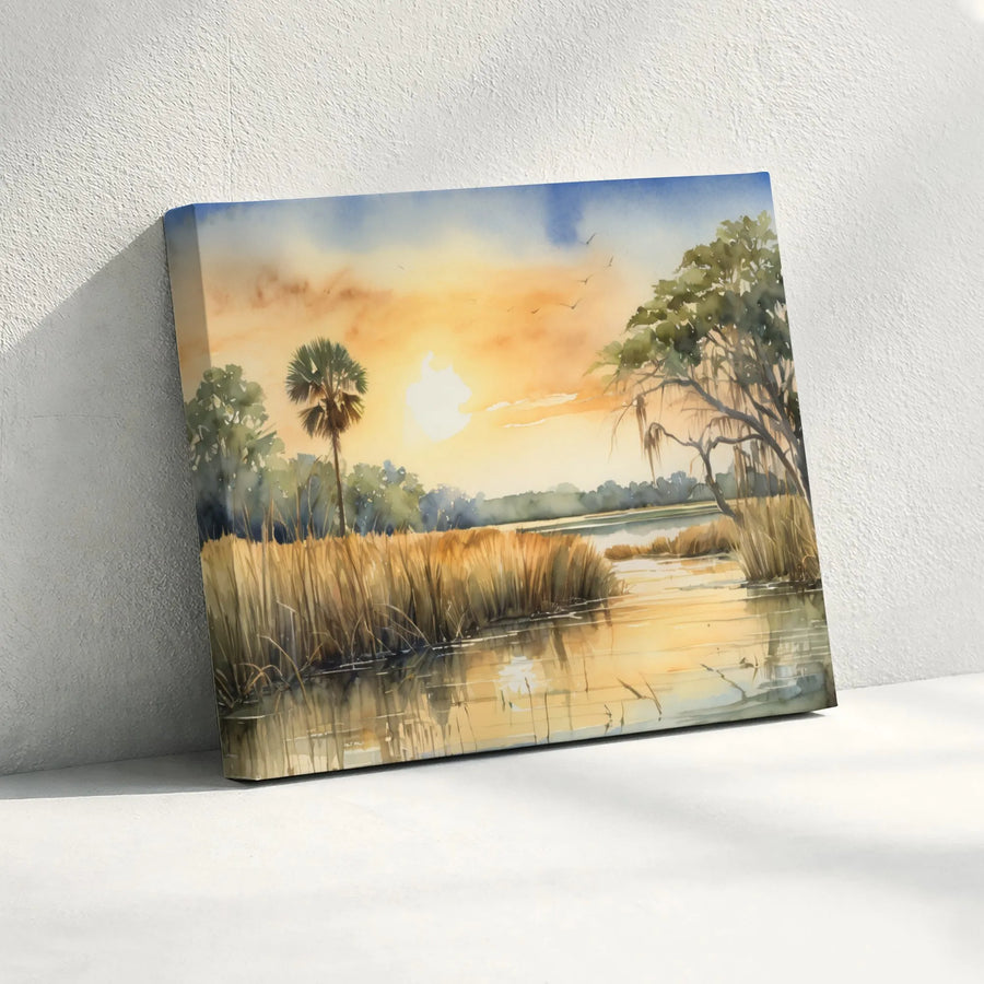 Lowcountry Marsh Sunset Canvas Art | Watercolor Coastal Landscape Print | Premium 1.25-Inch Gallery Wrap | Coastal Home Decor Gift