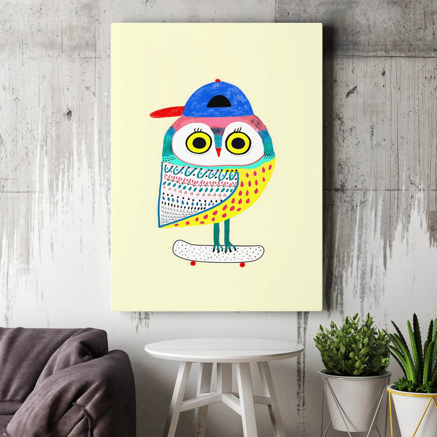 Skater Owl Wall Art | Whimsical Colorful Animal Print | Premium Fade-Resistant Canvas | Kids Room Decor & Nursery Wall Art