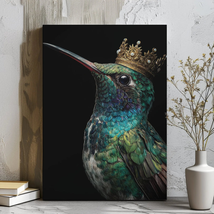 King Hummingbird Canvas Wall Art | Royal Bird With Gold Crown Portrait | Premium Gallery Wrap Print | Modern Decor For Nature Lovers