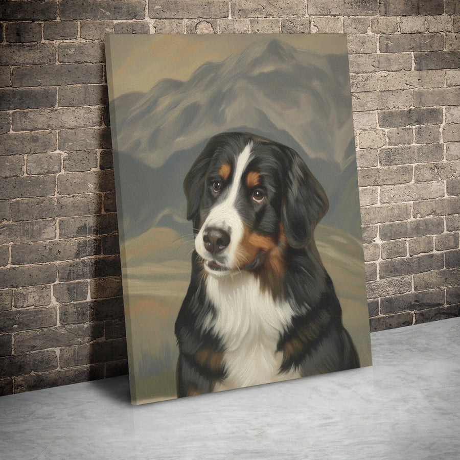 Bernese Mountain Dog Canvas Art | Realistic Portrait With Mountain Landscape | Gallery Wrap Premium Print | Dog Lover Gift Decor