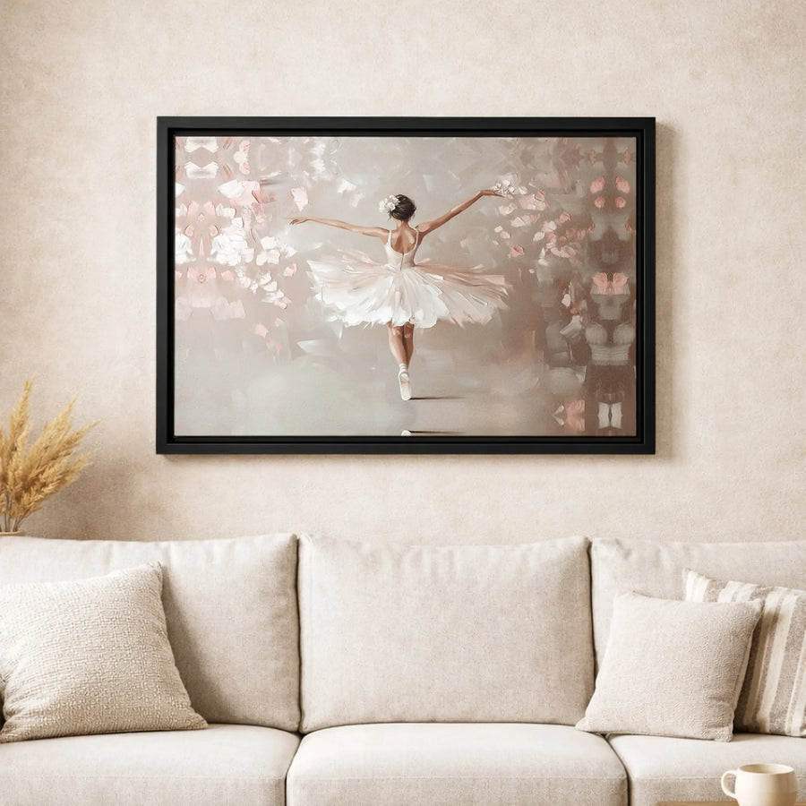 Ballerina Wall Art Canvas | Elegant Dancer in White Tutu with Pink Petals | Gallery-Quality Framed Print | Gift for Dance Lovers & Home Decor