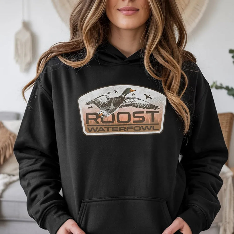 Roost Waterfowl Duck Hunting Hoodie | Flying Mallard Graphic Design | Premium Cotton-Blend | Perfect Gift for Hunters and Nature Lovers