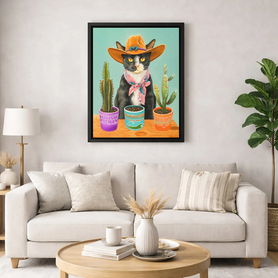 Tuxedo Cat Wall Art | Cowboy Hat And Cacti Western Print | Premium 1.25" Gallery Canvas | Quirky Animal Lover Home Decor Gift