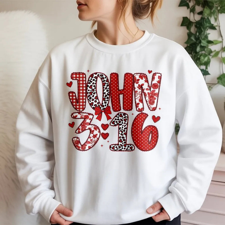 John 3:16 Sweatshirt | Red Heart Pattern Christian Bible Verse | Soft Premium Cotton Blend | Faith-Based Valentine Gift For Women