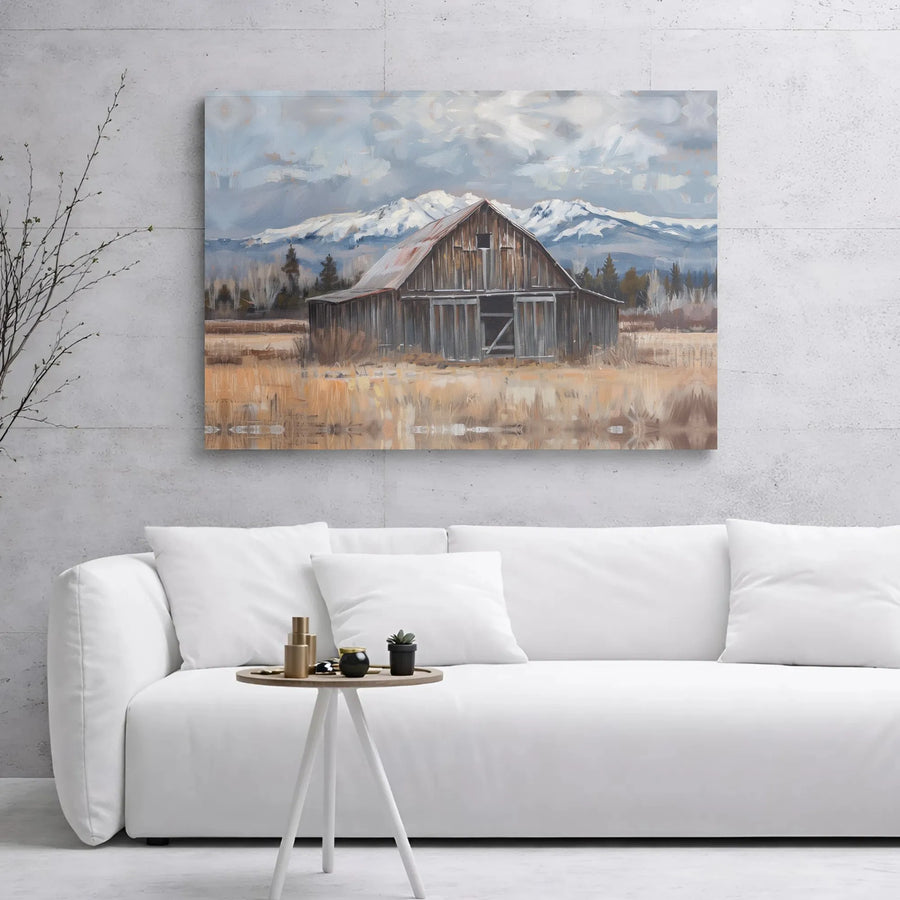Rustic Barn Canvas Print | Snow Capped Mountains Landscape Art | Gallery Wrapped Premium Wall Decor | Farmhouse Living Room Artwork