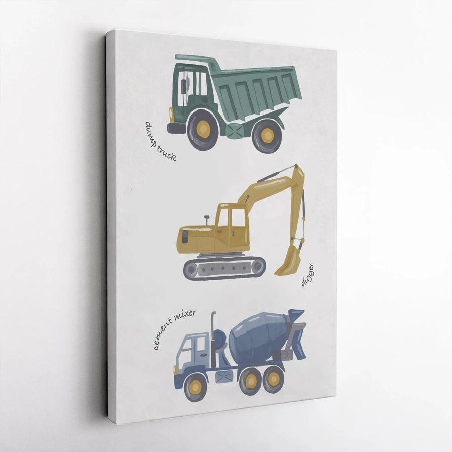 Construction Trucks Canvas Print | Watercolor Digger, Dump Truck & Cement Mixer | Premium Gallery Wrapped Canvas | Nursery & Kids Room Decor Gift
