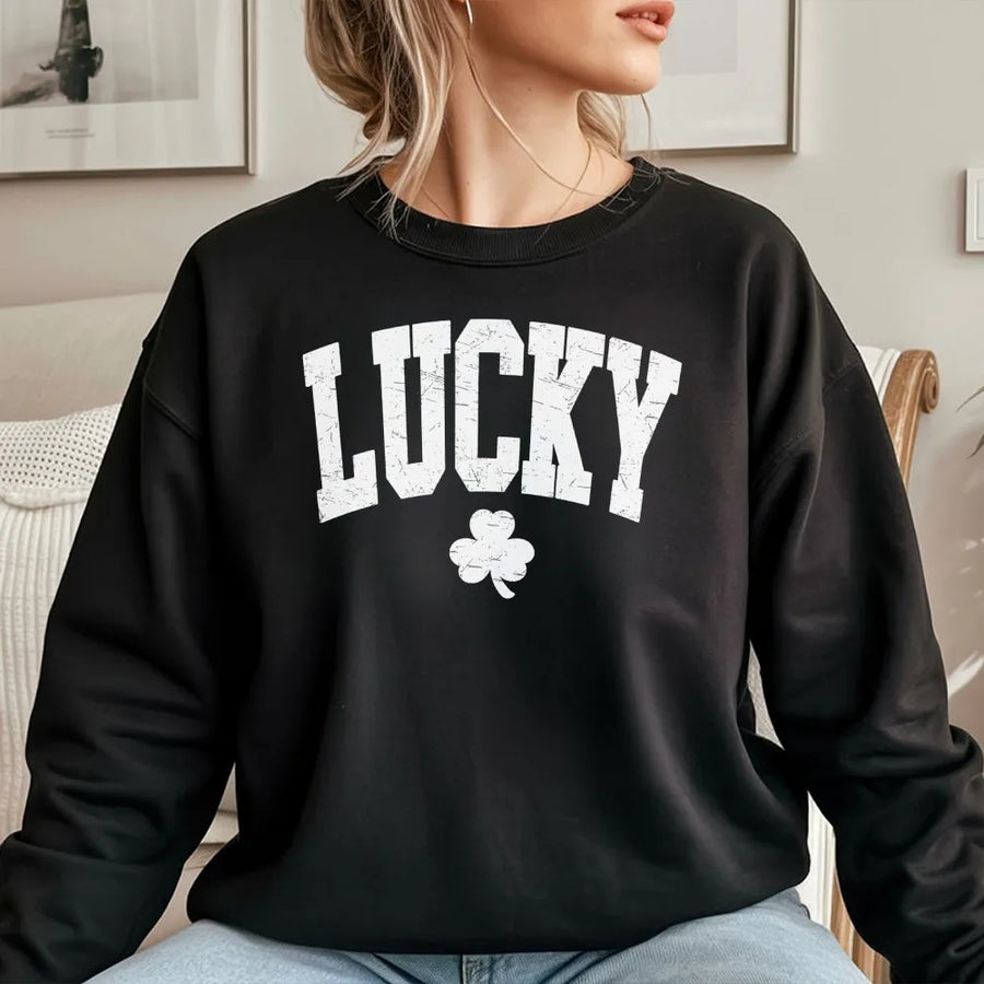 Lucky Shamrock Sweatshirt | Distressed Varsity Graphic | Premium Cotton-Poly Blend | Unisex St. Patrick's Day Gift For Men And Women