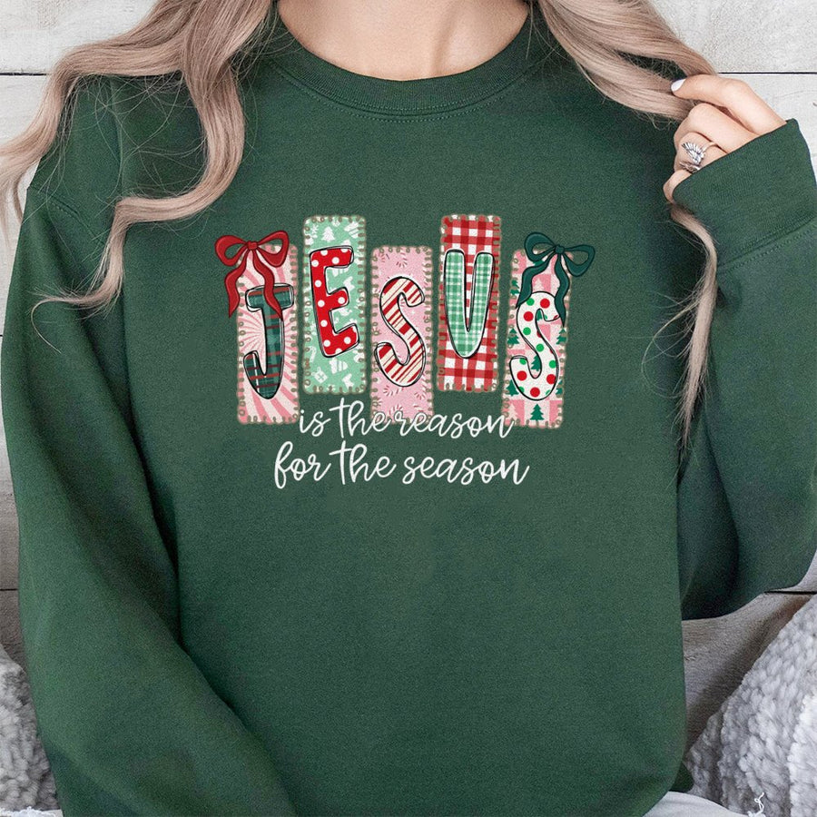 Jesus Is The Reason For The Season Sweatshirt | Plaid Christmas Lettering | Cotton Polyester Blend | Religious Christian Gift For Her