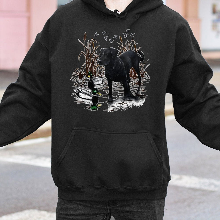 Black Labrador Retriever Hoodie | Vintage Hunting Dog Duck Illustration | Premium Cotton Blend Sweatshirt | Wildlife Nature Lover Gift