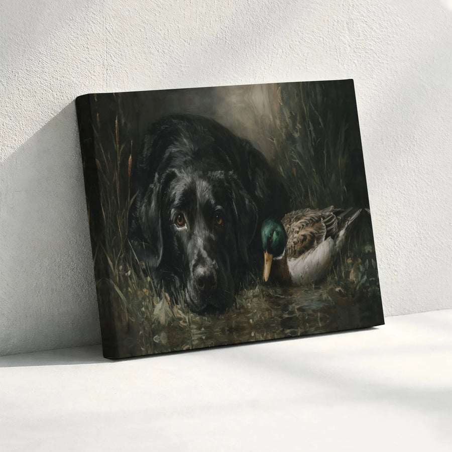 Black Labrador Hunting Dog Canvas | Vintage Mallard Duck Oil Painting Style | 1.25-Inch Premium Gallery Wrap | Wildlife Art Gift for Dog Lovers