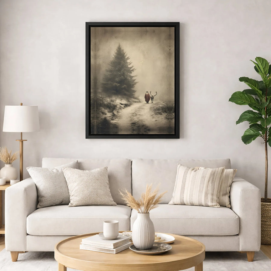 Winter Forest Canvas Wall Art | Moody Traveler With Stag in Snow | Premium Fade-Resistant Gallery Wrap | Atmospheric Home Decor Gift