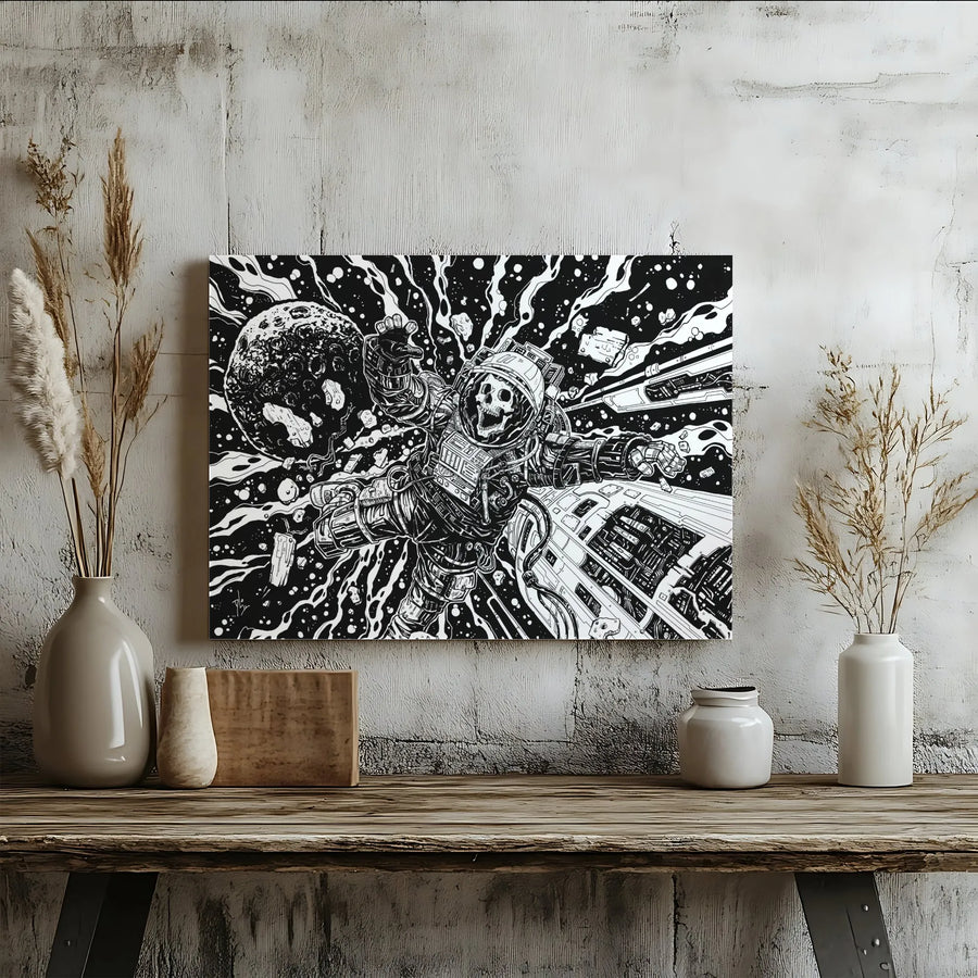 Skeleton Astronaut Canvas Wall Art | Black and White Gothic Sci-Fi Illustration | Premium Thick Gallery Wrap | Game Room Wall Decor Collector's Gift