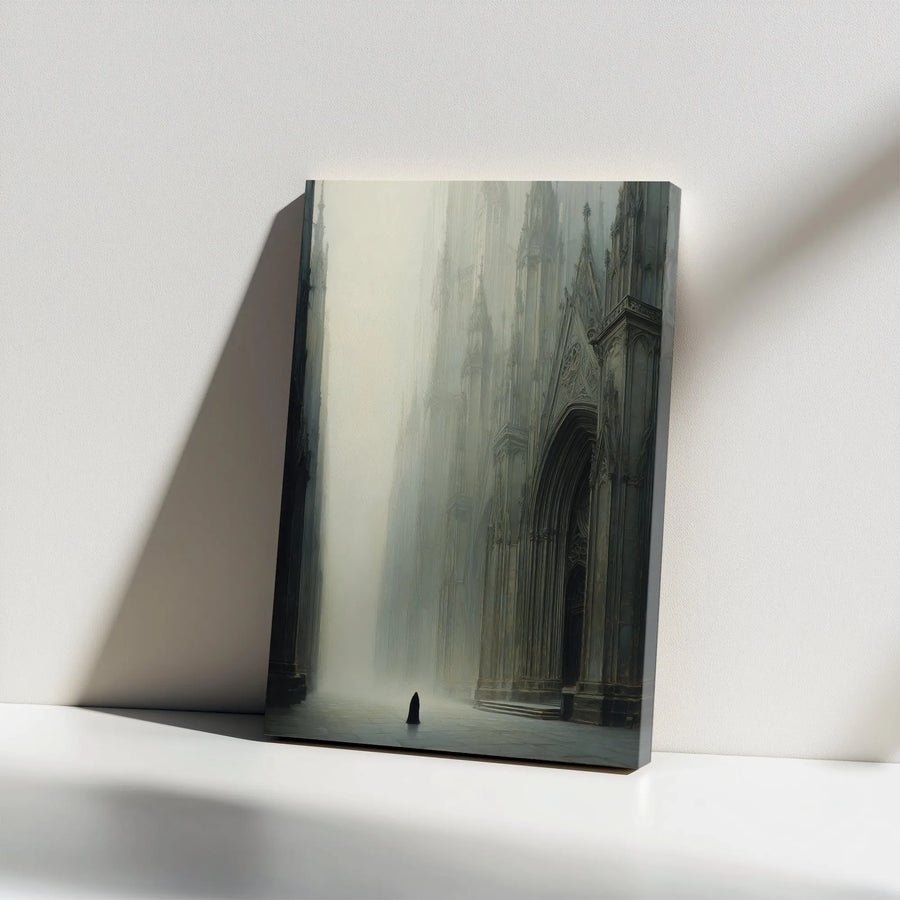 Gothic Cathedral Canvas Wall Art | Moody Cloaked Figure in Foggy Hallway | Premium Gallery Wrapped Canvas | Dark Academia Room Decor Gift