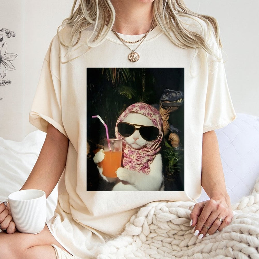 Chill Girl Cat Graphic T-Shirt | Funny Retro Meme Dinosaur Design | 100% Cotton Premium Unisex Tee | Trendy Gift for Cat Lovers