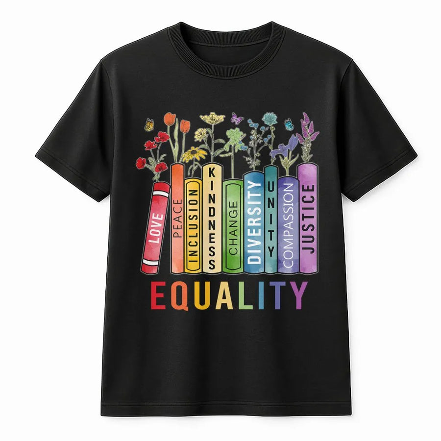 Equality T-Shirt | Social Justice Bookshelf Floral Design | Premium Cotton Blend | Human Rights Activist Gift