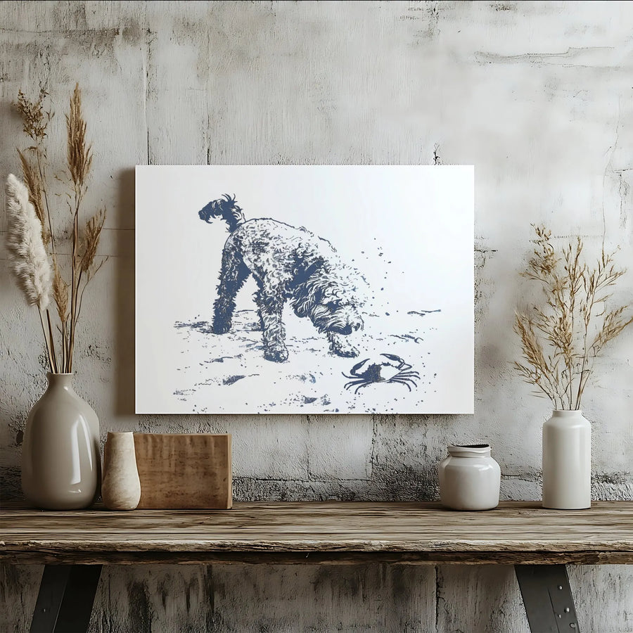 Labradoodle Beach Canvas Art | Dog Sniffing Crab Sketch Illustration | Premium 1.25" Gallery Wrap | Coastal Decor Gift for Dog Lovers