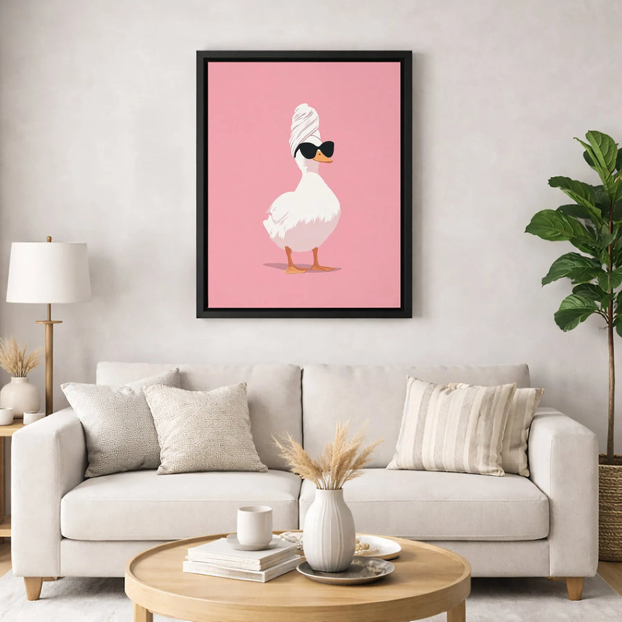 Funny Duck With Towel And Sunglasses Canvas Wall Art | Quirky Bathroom Decor | Gallery-Wrapped Premium Canvas | Whimsical Gift For Duck Lovers