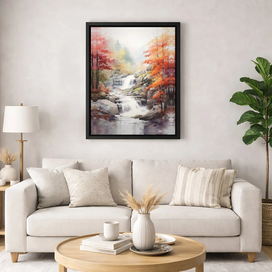 Autumn Waterfall Wall Art | Watercolor Forest Landscape Canvas | Premium 1.25 Inch Gallery Wrap | Nature Home Decor For Living Room