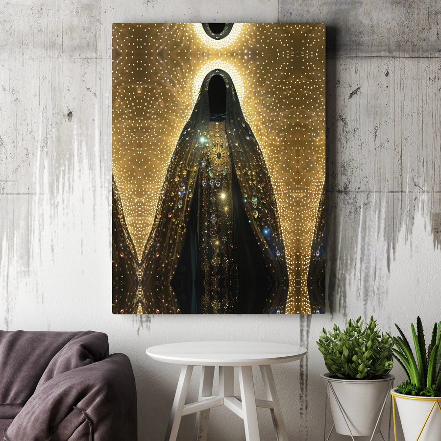 Divine Goddess Canvas Wall Art | Mystical Hooded Figure with Golden Halo | Premium Matte Canvas Print | Spiritual Home Decor Gift