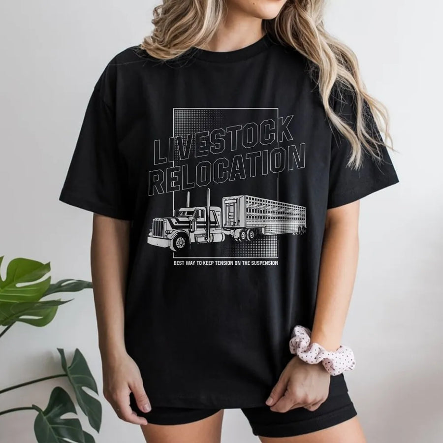 Livestock Relocation T-Shirt | Cattle Hauler Semi Truck Graphic | 100% Cotton Premium Apparel | Gift for Truck Drivers and Ranchers