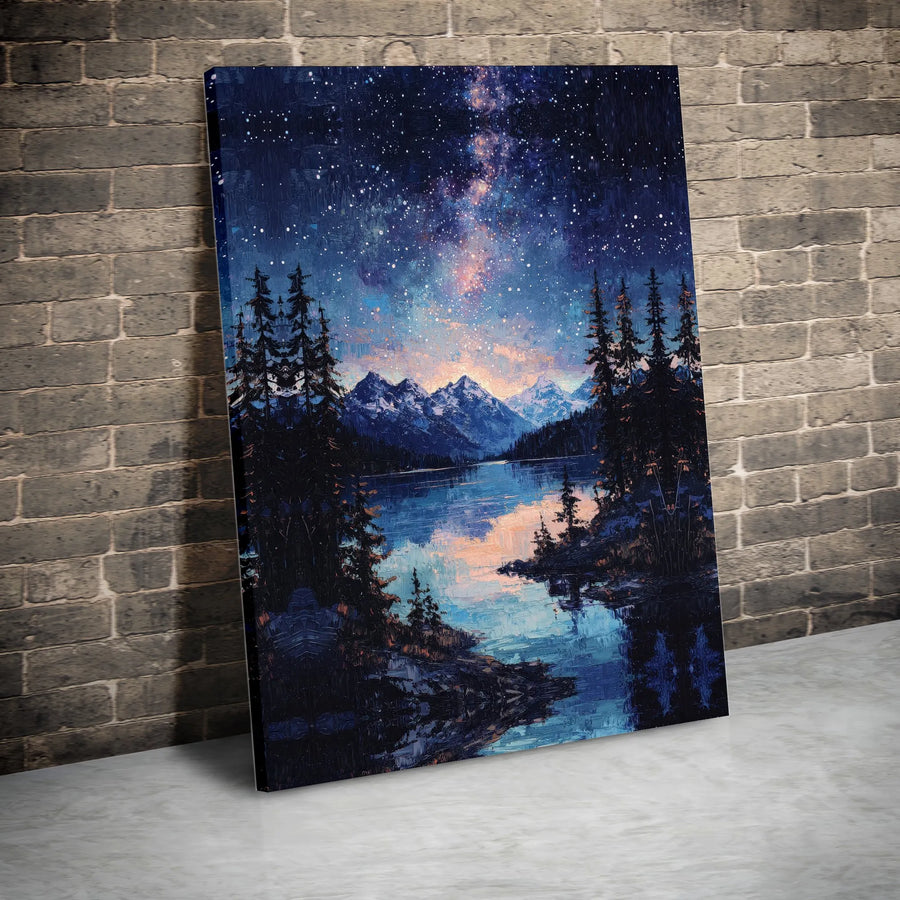 Starry Night Mountain Lake Canvas Print | Textured Impasto Style Night Sky | Premium Gallery Wrapped Canvas | Modern Home Decor Gift for Nature Lovers