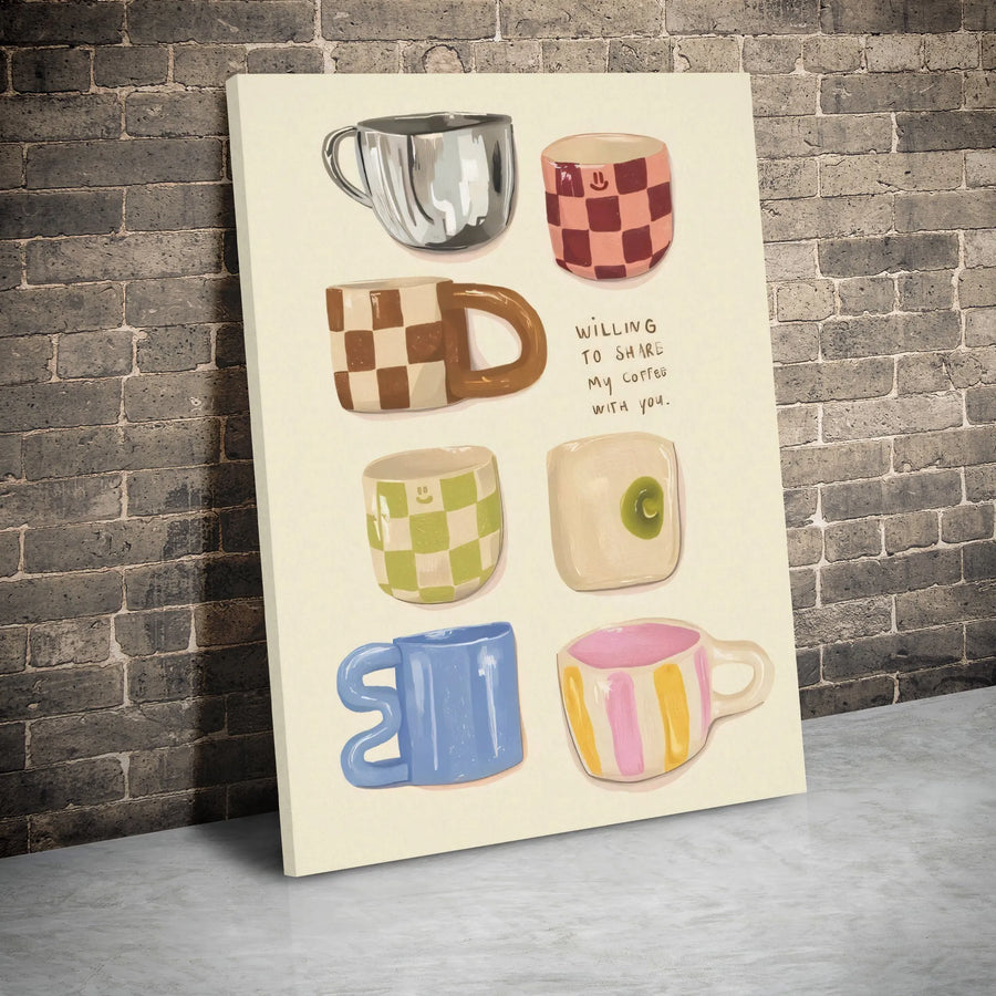 Coffee Lovers Wall Art | Aesthetic Checkered Mug Illustration | Premium Gallery Wrap Canvas | Cute Kitchen & Cafe Decor Gift
