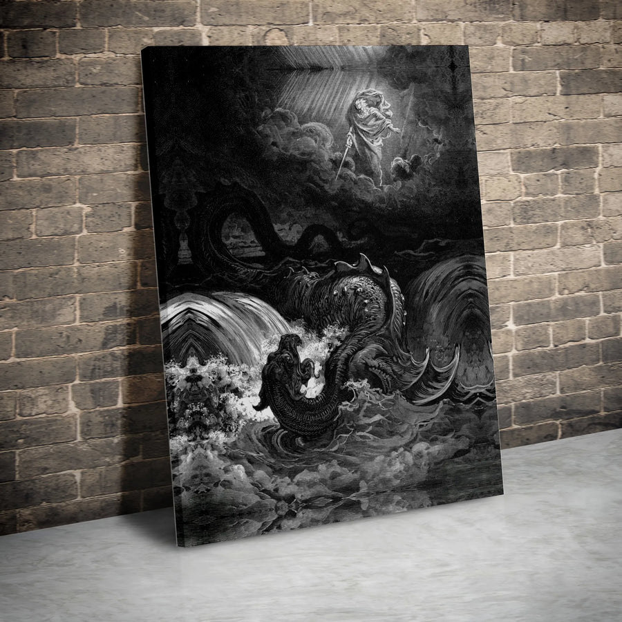 Destruction Of Leviathan Wall Art | Gustave Dore Biblical Engraving Print | Premium Gallery Wrapped Canvas | Moody Gothic Home Decor Gift