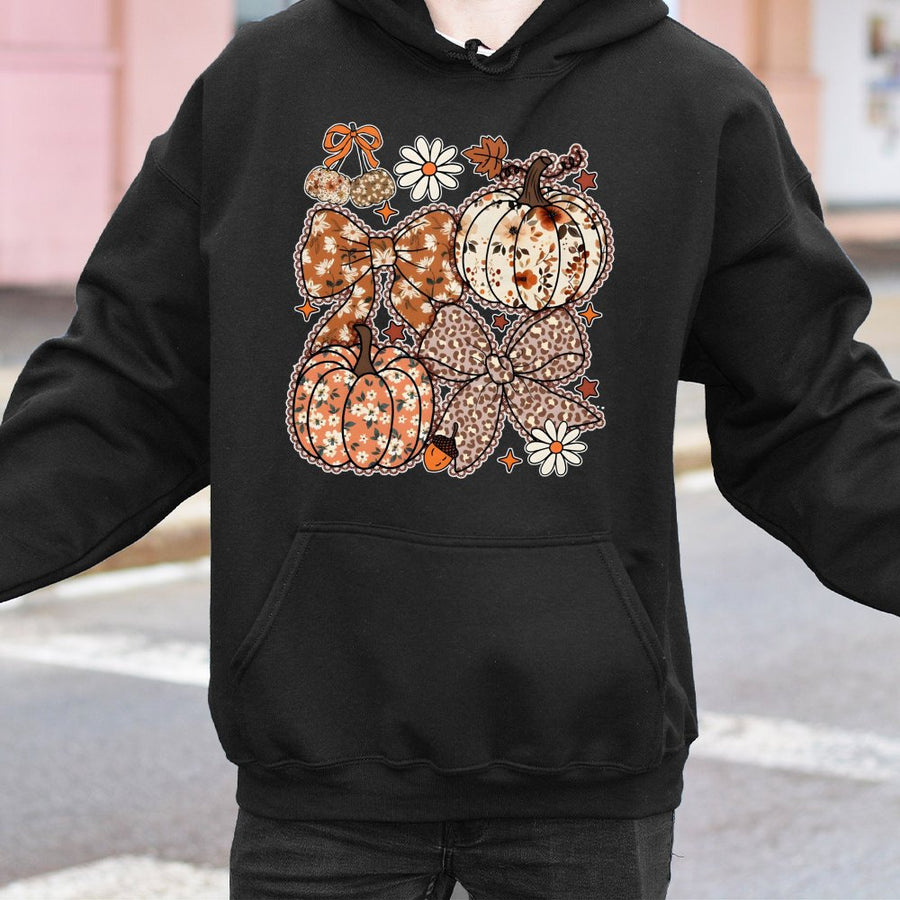 Floral Pumpkin Hoodie | Coquette Aesthetic Bow Design | Soft Cotton-Polyester Blend | Fall Aesthetic Autumn Sweatshirt Gift for Her