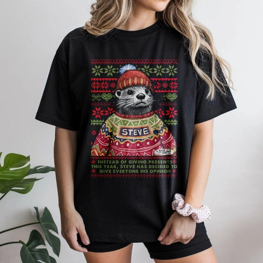 Funny Otter Ugly Christmas T-Shirt | Steve Giving His Opinion Graphic | Premium Soft Cotton Tee | Sarcastic Holiday Gift for Animal Lovers