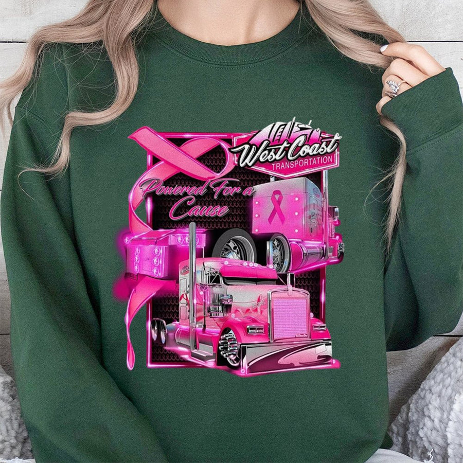 Pink Truck Breast Cancer Awareness Sweatshirt | Powered For A Cause Semi Design | Cotton Blend Crewneck | Unisex Support Gift For Truckers