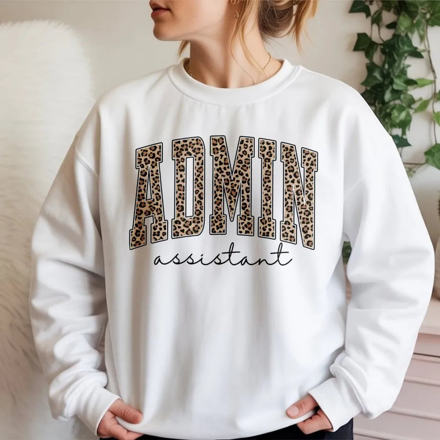 Administrative Assistant Sweatshirt | Leopard Print Varsity Design | Soft Cozy Pullover | Gift for Administrative Professionals Day