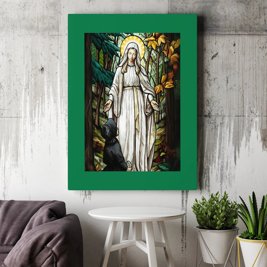 Virgin Mary Canvas Wall Art | Stained Glass Style Apparition | Premium Gallery Wrapped Decor | Catholic Religious Gift for Home