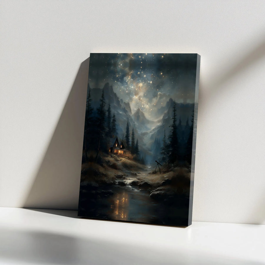 Starry Night Mountain Cabin Canvas | Stargazing Retreat Art | Premium Gallery Canvas | Rustic Home & Office Decor Gift