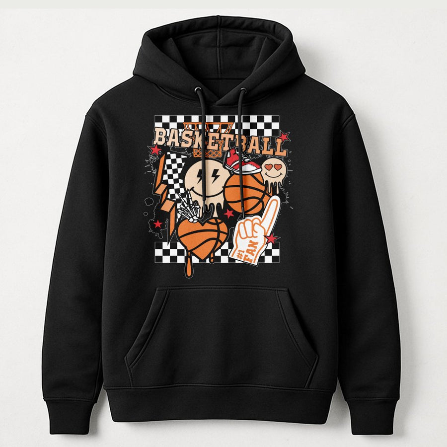 Basketball Mom Hoodie | Retro Checkerboard Drip Graphic | Cotton Blend Premium Sweatshirt | Gift for Basketball Players and Sports Fans
