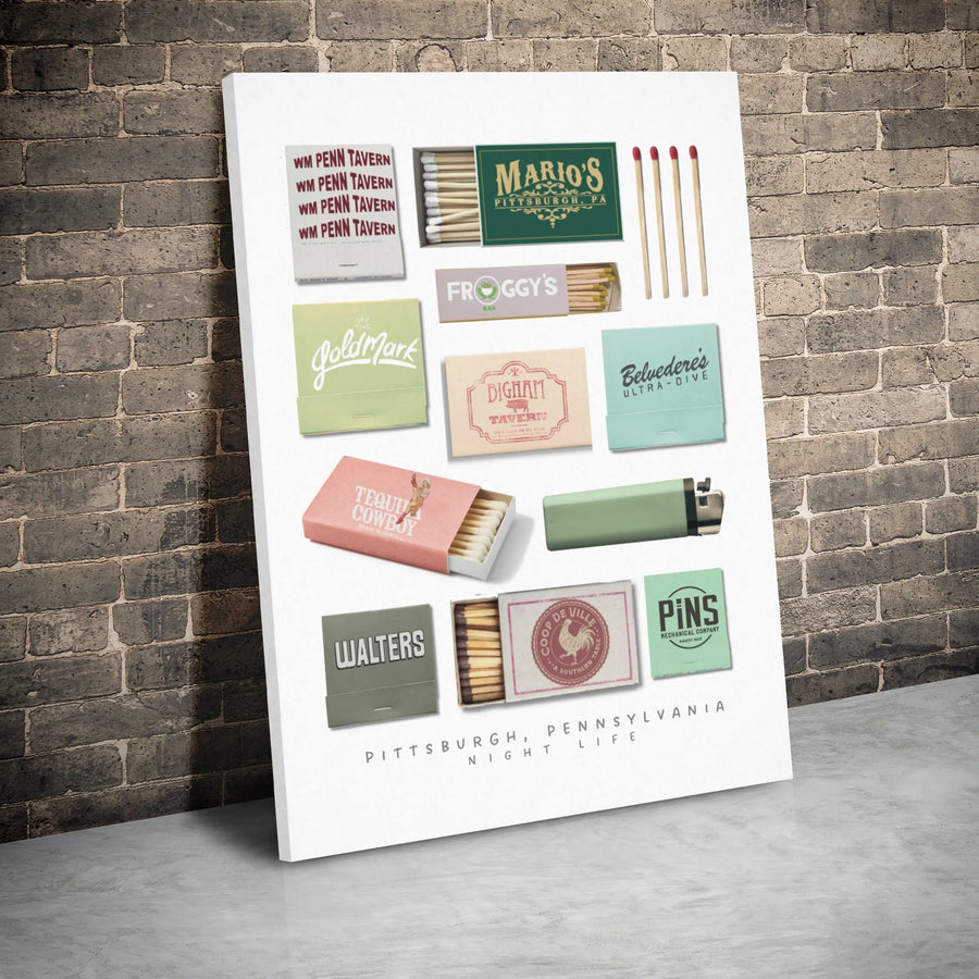 Pittsburgh Wall Art | Retro Bar Matchbook Collection Print | Premium Gallery Wrap Canvas | Unique Pennsylvania Home Decor Gift for City Lovers