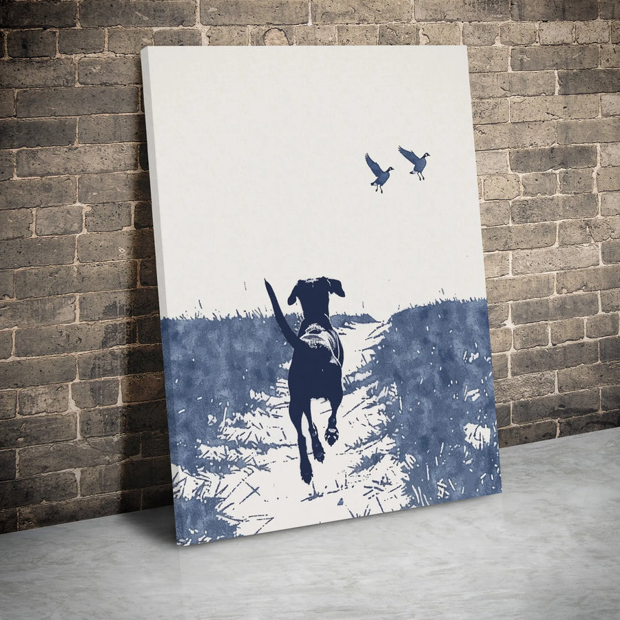 Hunting Dog Wall Art | Lab Chasing Geese Watercolor Print | Gallery Wrapped 1.25 Inch Canvas | Rustic Cabin Decor for Outdoorsmen