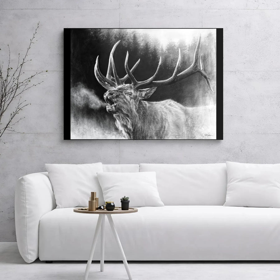 Bugling Bull Elk Canvas Wall Art | Charcoal Forest Wildlife Sketch | Premium 1.25-Inch Gallery Wrap | Rustic Mountain Cabin Decor Gift