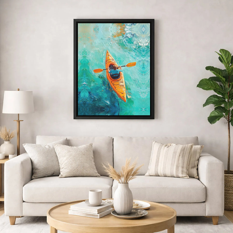 Kayaking Canvas Wall Art | Impressionist Orange Kayak Painting | 1.25-Inch Gallery Wrap | Coastal Decor Gift for Water Sports Lovers