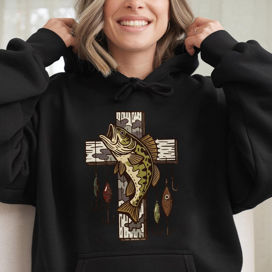 Fishing Cross Hoodie | Bass Fish & Lure Graphic Design | Premium Cotton-Blend Comfort | Faith Based Outdoorsman Gift For Men And Women
